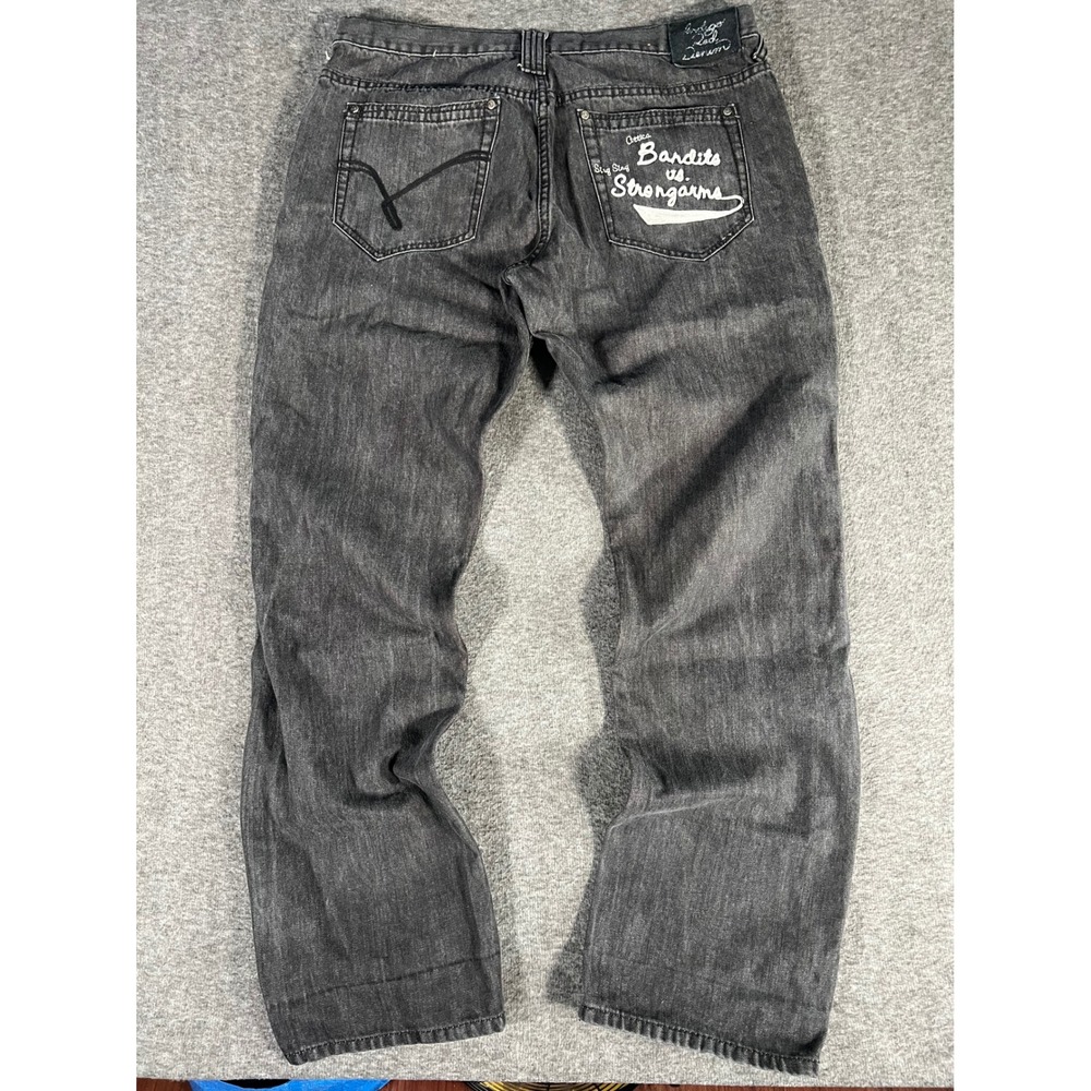 Vintage Indigo Red Denim Co Mens Baggy Y2K Black Embroidered Jeans Size 40